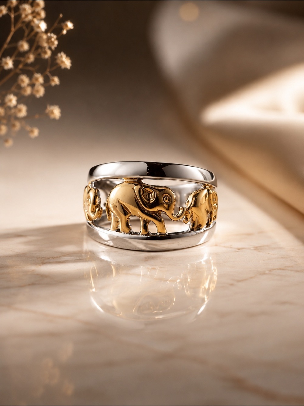 Sterling Silver 925 Two-Tone Elephant Band Ring